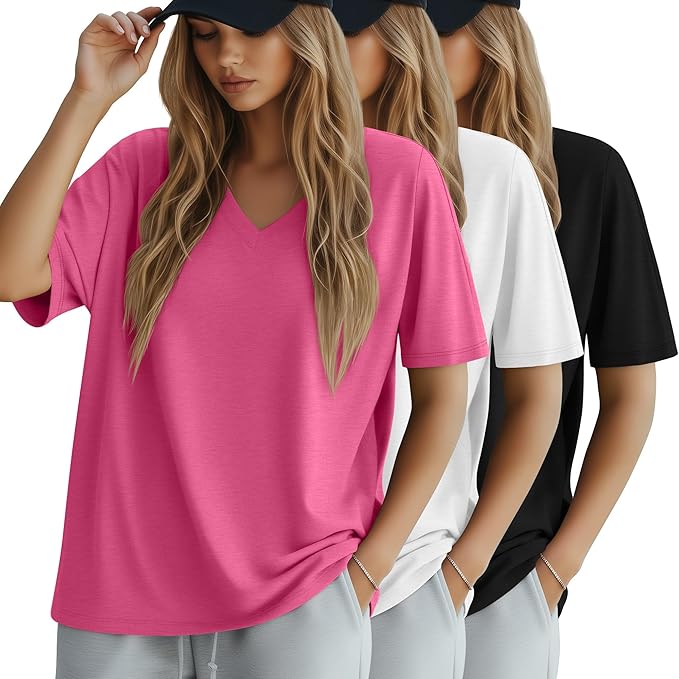 Huukeay Women's Cotton Oversized T Shirts 3 Pack V Neck Loose Fit Half Sleeve Tops Baggy Casual Summer Gym Workout Tees 2026