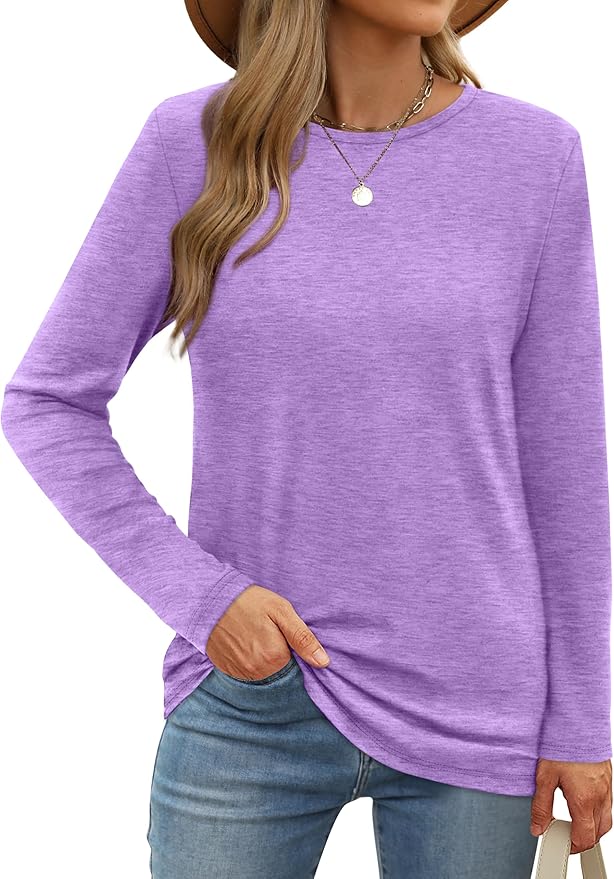 XIEERDUO Long Sleeve Shirts for Women Casual Crew Neck Basic Fall Tops Loose Fit Comfy