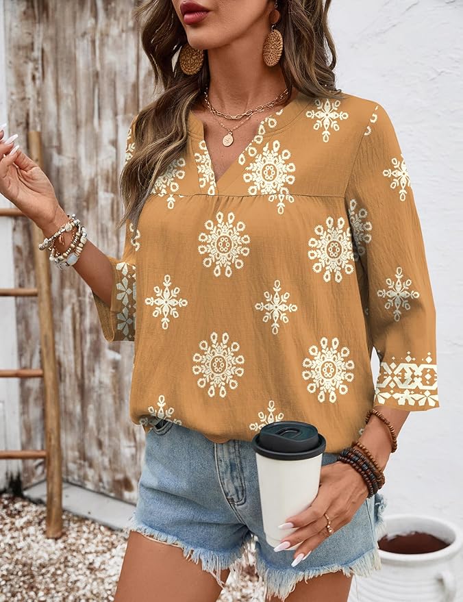 Rapbin Womens 3/4 Sleeve V Neck Floral Print Pleated Blouses for Women Dressy Casual Loose Fit Tops