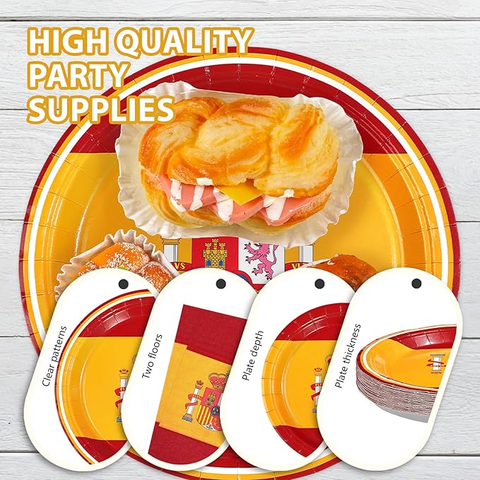 Greencian 96 Pcs Spain Flag Party Decorations Disposable Spanish Flag Paper Plates and Napkins Spanish National Day Tableware Set for Country Decoration Patriotic Festival Party Supplies, Serves 24