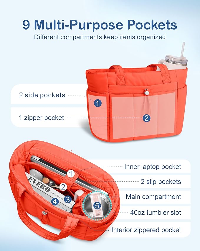TOPDesign Puffy Tote Bag for Women with Cup Holder & Laptop Compartment & Cosmetic Bag & Trolley Sleeve for Work, Travel