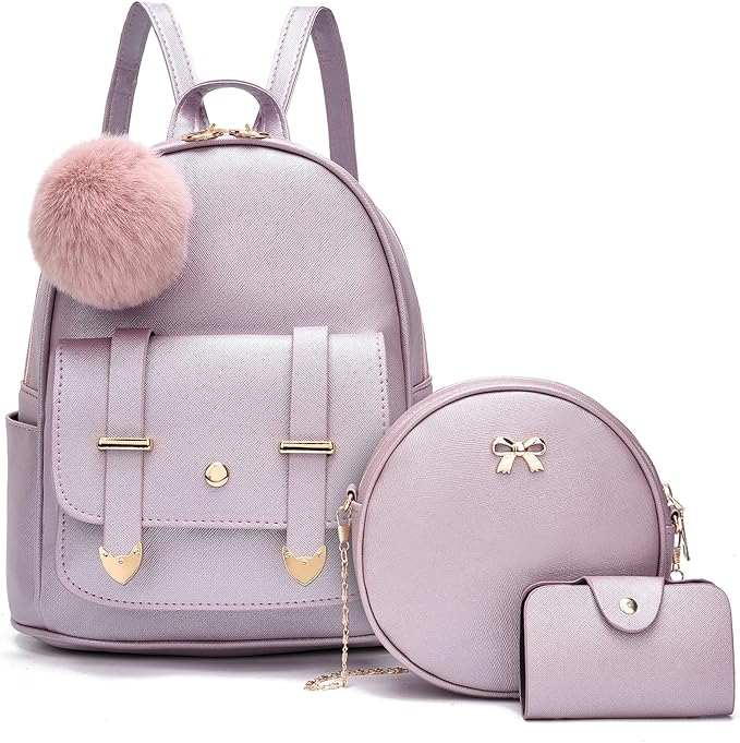 I IHAYNER Mini Backpack Purse for Teen Girls 3-PCS Fashion Backpack Cute Travel Daypacks Women Pompom Backpack Shoulder Bag