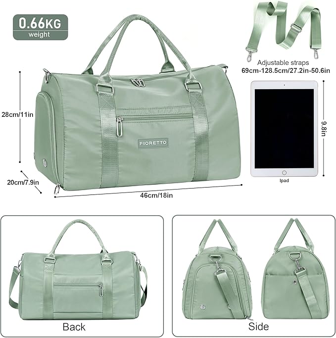 FIORETTO Womens Gym Tote Duffle Bag with Wet Pocket & Shoe Compartment, Sports Duffel Overnight Weekender Hospital Workout Carry on Bag for Girls, Ideal for Travel, Swimming, Dance, Ballet Celadon