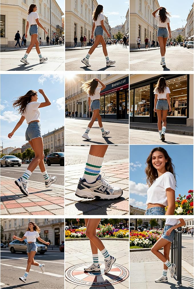 Acomono Retro Striped Slouchy Crew Socks for Men & Women 3 Pairs Cotton Athletic Tube Cushioned Calf Tennis Socks Size 5–11