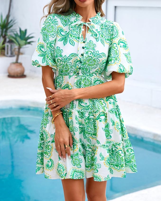 BTFBM Women Summer Floral Short Dresses V Neck Short Sleeve Tiered Ruffle Boho Swing Dress A-Line Mini Dresses