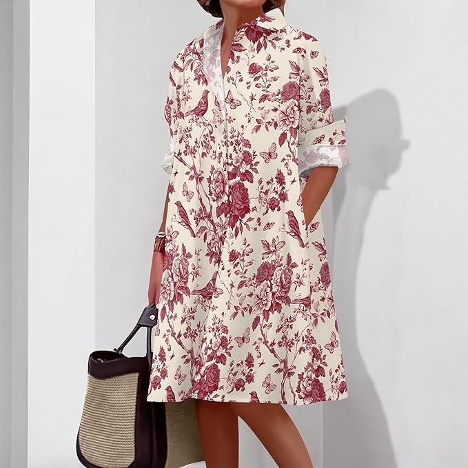 Shirt Dresses for Women 2025 Summer Long Sleeve Casual Plus Size Floral Printed Beach Vacation Dress with Pockets