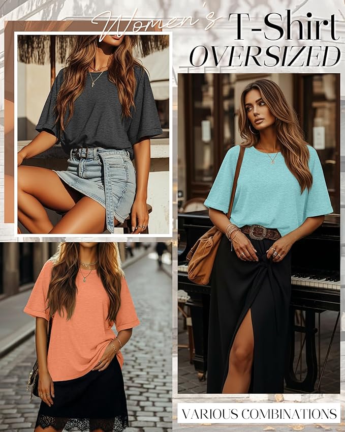 Riyiper 3 Pack Women's Oversized T-Shirt Half Sleeve Summer Tees Casual Loose Fit Crew Neck Basic Tops