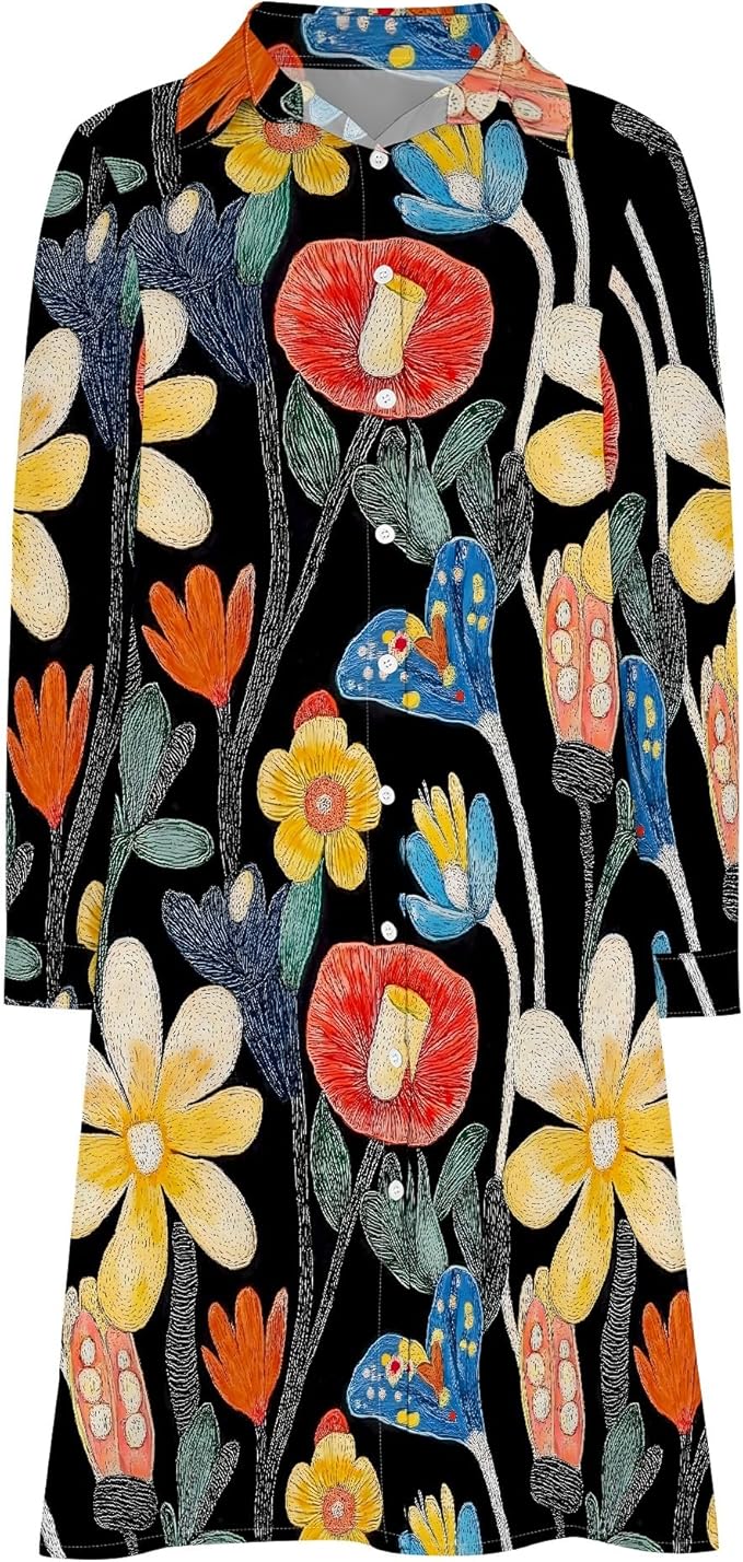 Shirt Dresses for Women 2025 Summer Long Sleeve Casual Plus Size Floral Printed Beach Vacation Dress with Pockets