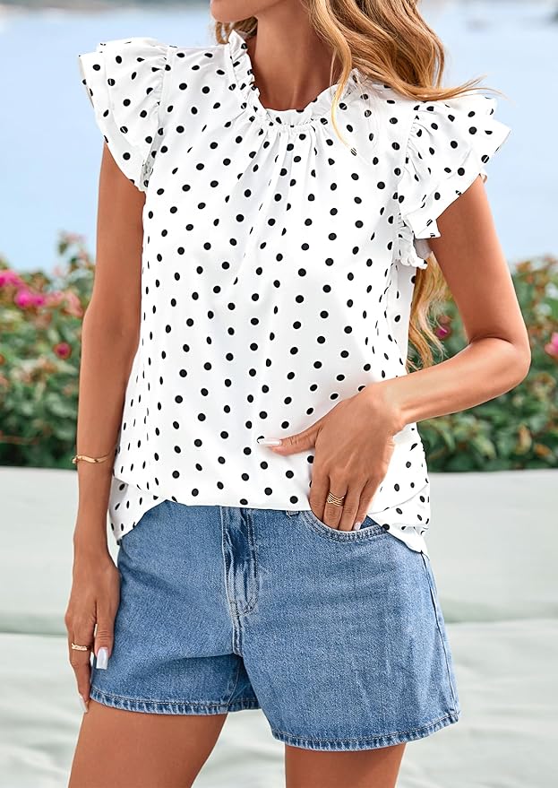 PRETTYGARDEN Women's Ruffle Short Sleeve Summer Tops 2026 Trendy Floral Trim Neck Casual Dressy Chiffon Boho Blouses Shirts