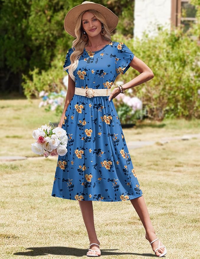 HOTOUCH Women's Summer A-Line Midi Dresses 2026 Casual Floral Short Sleeve T-Shirt Dress Flowy Beach Sundress with Pockets