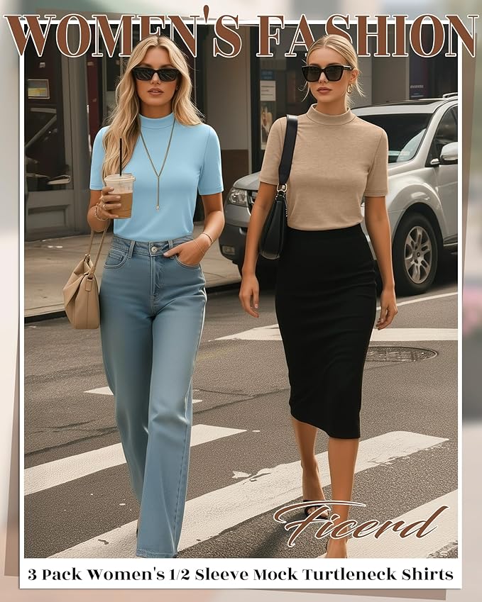 Ficerd 3 Pack Women's 1/2 Sleeve Mock Turtleneck Shirts, Elbow Length Shirt Half Sleeve Tunic Top Casual Summer Basic Tees