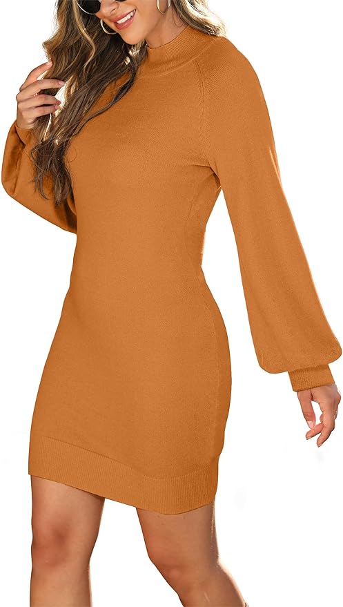 GRECERELLE 2026 Women's Mock Neck Ribbed Long Sleeve Bodycon Pullover Cute Mini Sweater Dress (XS-2XL)