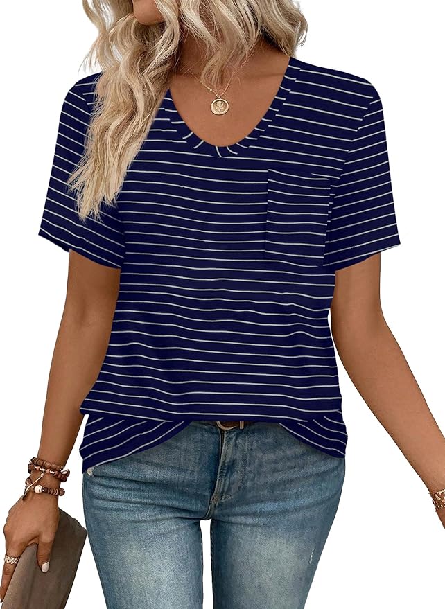 WIHOLL Women Summer T Shirts Short Sleeve Rounded V Neck Pocket Tee Tops