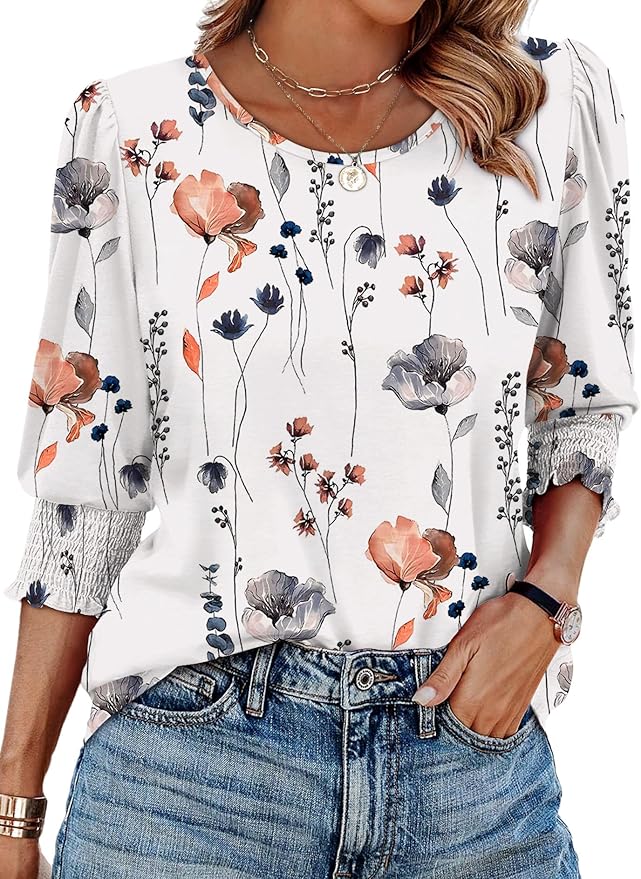 XIEERDUO Blouses for Women Dressy Casual 3/4 Length Sleeve Womens Tops with Smocked Cuffs