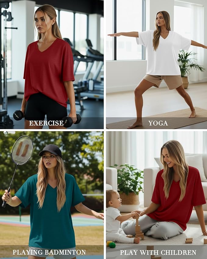 Huukeay Women's Cotton Oversized T Shirts 3 Pack V Neck Loose Fit Half Sleeve Tops Baggy Casual Summer Gym Workout Tees 2026