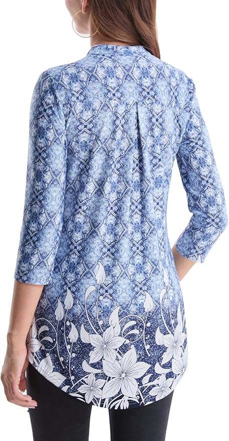 BAISHENGGT 3/4 Sleeve Tops for Women Notch V Neck Floral Work Blouses Dressy Casual Loose Fit Going Out Tunic Tops