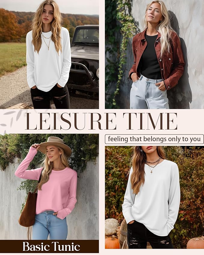 Huukeay 3 Pack Women's Long Sleeve Shirts with Thumb Holes, Cotton Casual Crew Neck Tunic Tops Fall Loose Y2k Trendy Outfits