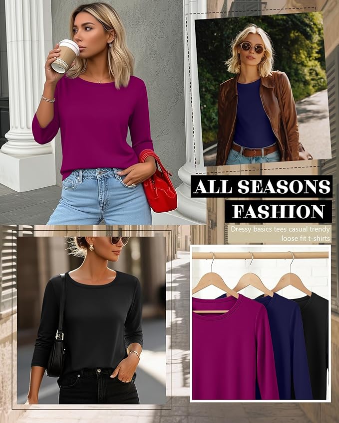 Ficerd 3 Pack 3/4 Sleeve Tops for Women Round Neck Dressy Basics Tees Casual Trendy Loose Fit T Shirts
