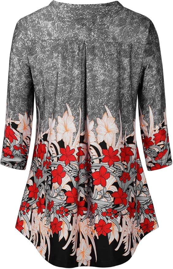 BAISHENGGT 3/4 Sleeve Tops for Women Notch V Neck Floral Work Blouses Dressy Casual Loose Fit Going Out Tunic Tops