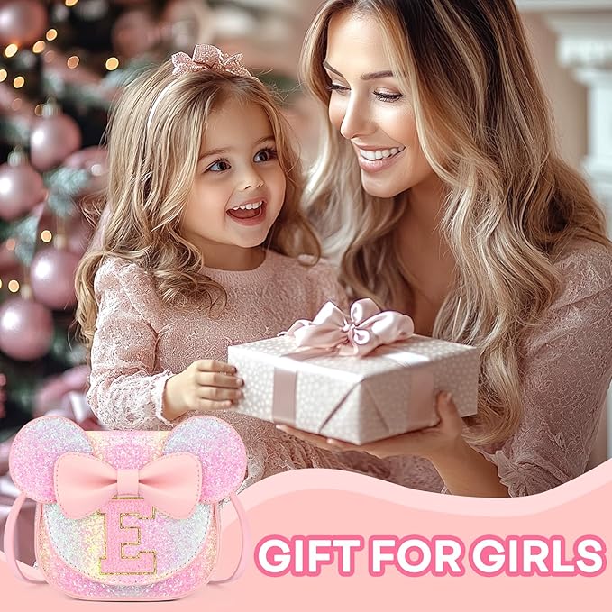 mibasies Toddler Purse Girl Gifts: Girls Birthday Gifts for 3-8 - Toys for Ages 2-4 Girls Mouse Ears Purse, Glitter Rainbow, Letter E