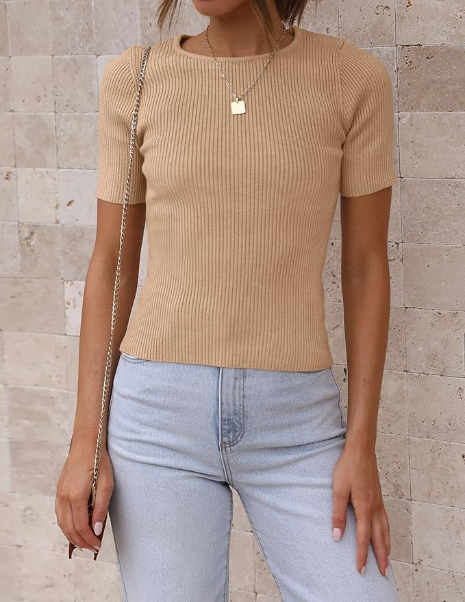 ZESICA Women's Short Sleeve Sweater Tops 2026 Summer Crewneck T Shirt Ribbed Knit Slim Fit Basic Solid Color Tee