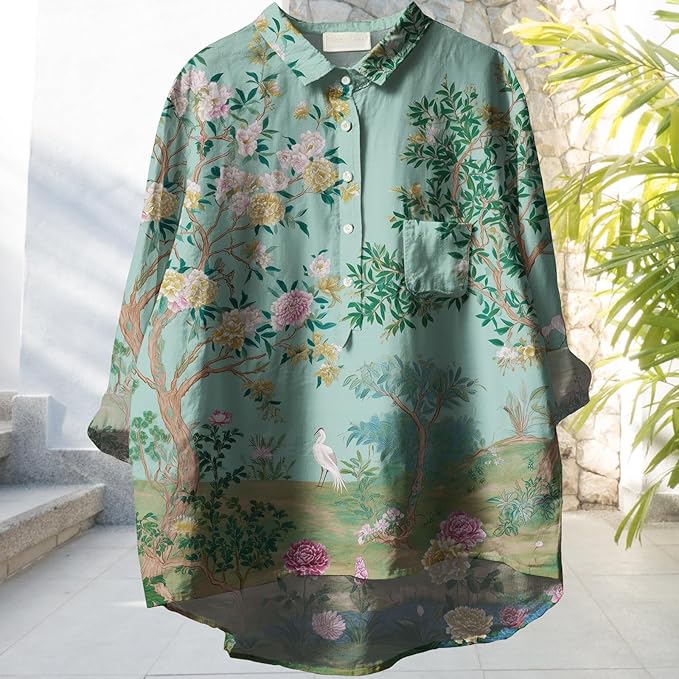 Womens Boho Tops 3/4 Long Sleeve Floral Blouses Hawaii Beach Button Down Shirts V Neck Pullover Casual Tunics