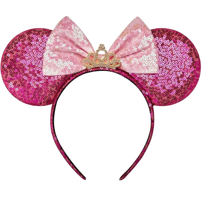 RAZKO Minnie Ears Headband, Sequin Mickey Hairband Mouse ears Hair Accessory for Women Girls(Rose Red Crown L)