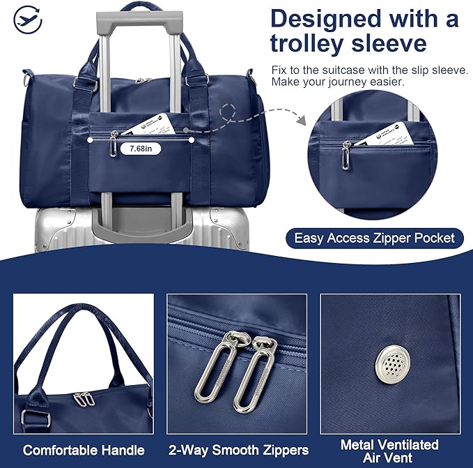 FIORETTO Womens Gym Tote Duffle Bag with Toiletry Bag, Sports Duffel Overnight Hospital Workout Carry on Bag for Girls with Wet Pocket & Shoe Compartment, Ideal for Travel, Swimming, Dance Navy Blue