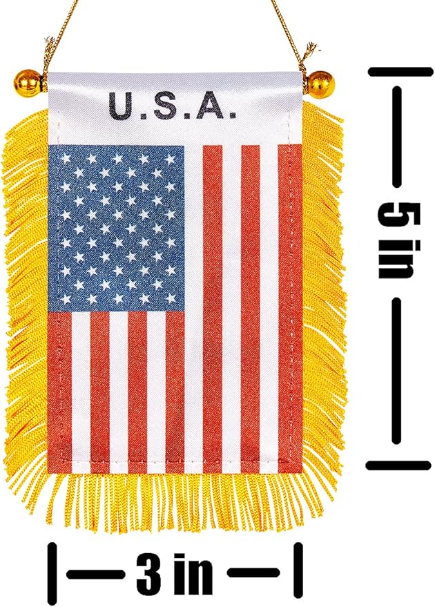 ZXvZYT 3 X 5 Inch America USA Window Hanging Flag US Small Mini Car Flags Banners Rearview Mirror Decoration - with Suction Cup & Golden Fringy Banner(2 Pack)