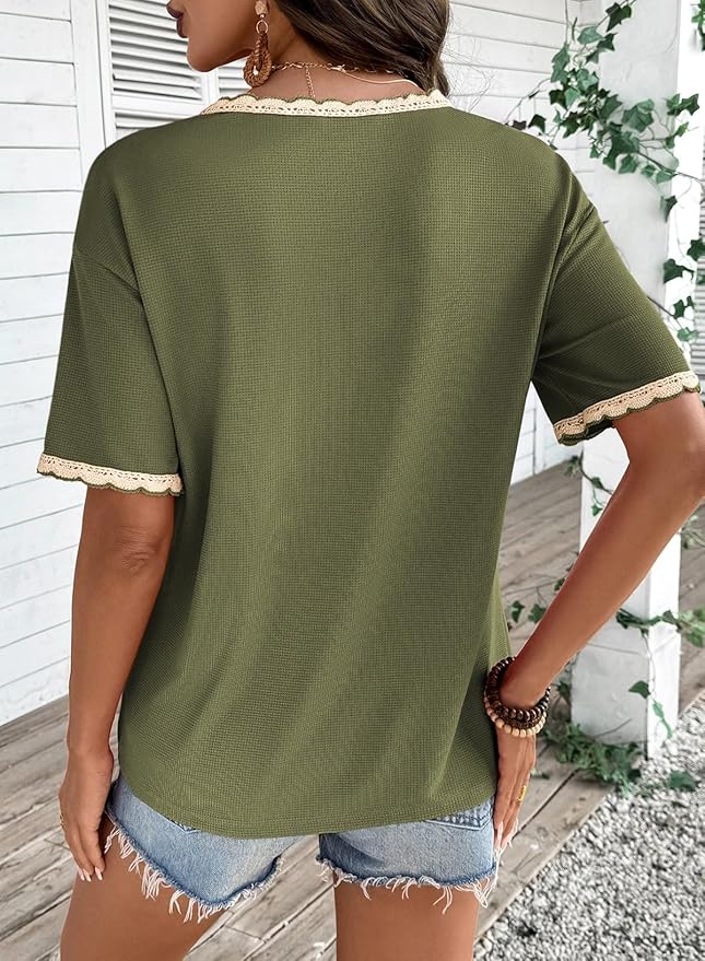 Dokotoo Womens Summer Tops Casual Short Sleeve Lace T-Shirts Solid V Neck Waffle Knit Shirts Blouses