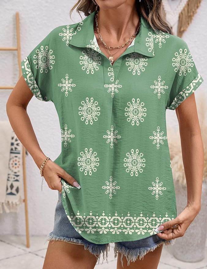LOMON Women Blouses Spring Summer Tops for Women 2026 Short Sleeve V Neck Dressy Casual Collared Shirts Work Office