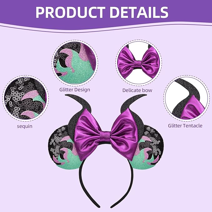 Seamoy Sequin Mouse Ears Headband,Halloween Mice Ears Hairband, Maleficent Horn Design, Costume Headwear, Purple, One Size Fits All(Maleficent Purple)