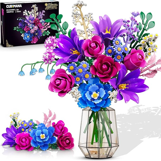 CUBIMANA Valentines Flowers Bouquet Building Set with LED Light, 21 Flower Botanical Collection Block Toy, Rose Lily Home Plant Decor 1054PCS, Gifts for Her Adults Women Mom Kids Girls 12+ (Purple)