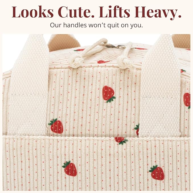 Crossbody Strawberry Lunch Bag for Women, Insulated Corduroy Tote with Adjustable Strap, Water Resistant Lunch Box for Work, Picnic, Travel or Beach, Beige Cream Reusable Lunch Box