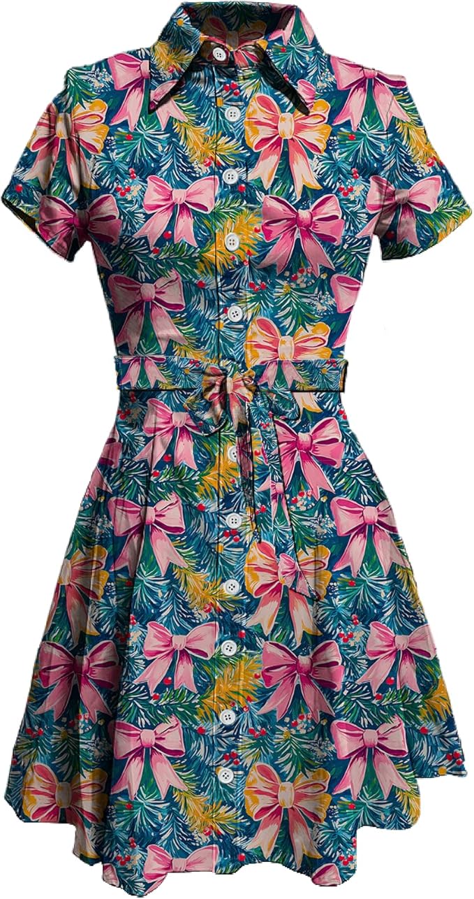 MARSVOVO Cute T Shirt Dress for Women Short Sleeve Button Up Tie Waist Elegant Casual Collared Smocked Midi Dress