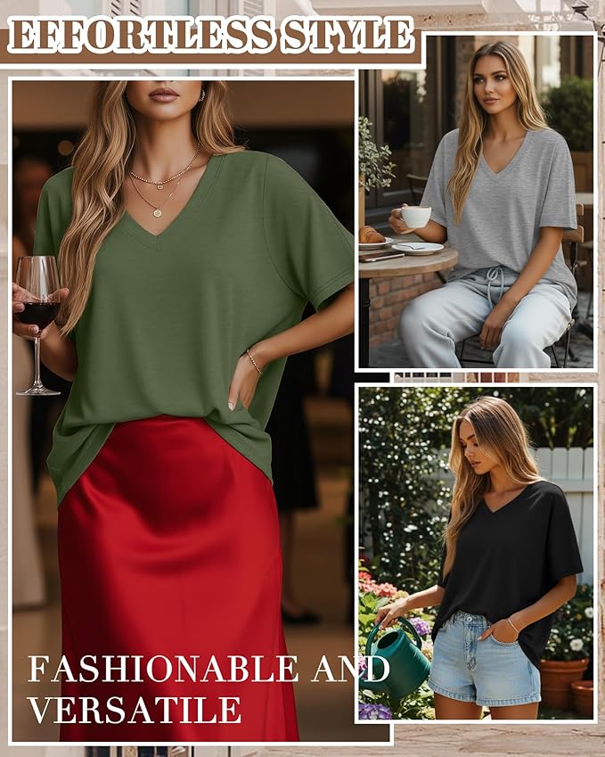 Huukeay Women's Cotton Oversized T Shirts 3 Pack V Neck Loose Fit Half Sleeve Tops Baggy Casual Summer Gym Workout Tees 2026