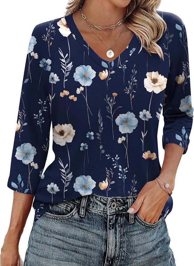 Zeagoo 3/4 Length Sleeve Womens Tops Casual V Neck Shirts Soft Basic Tees Business Work Blouses