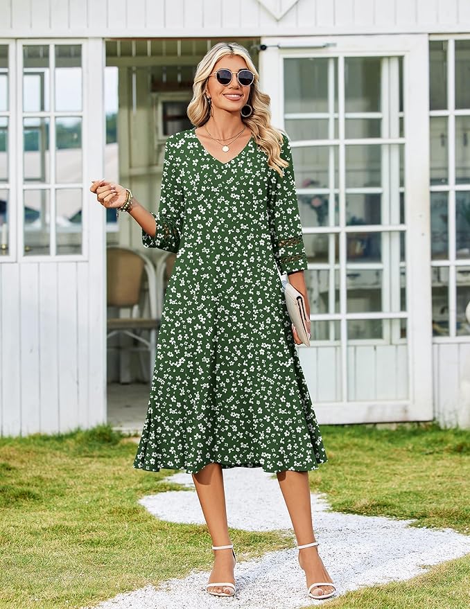 Zeagoo Women's Dresses 3/4 Sleeve Summer Casual V-Neck A Line Flowy Eyelet Midi Dress for Women Beach Vacation Sundress