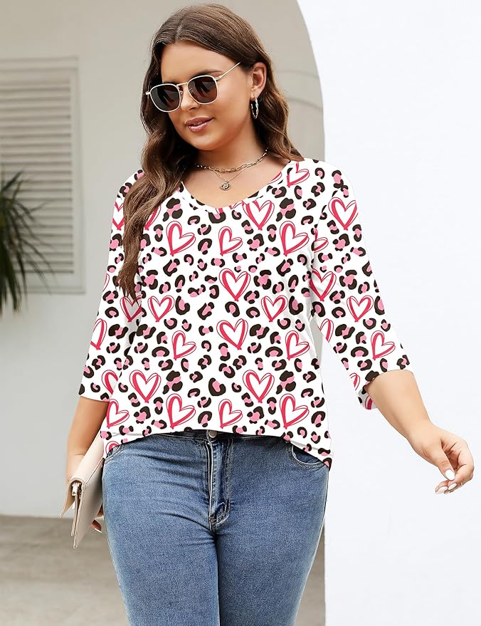 TFSDOD Womens Plus Size Tops V Neck T Shirts 3/4 Sleeve Blouse Summer Casual Tees XL-5X