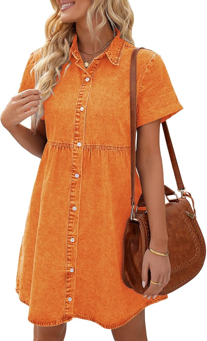 LookbookStore Women's Short Sleeve Button Down Flowy Tiered Babydoll Denim Dress