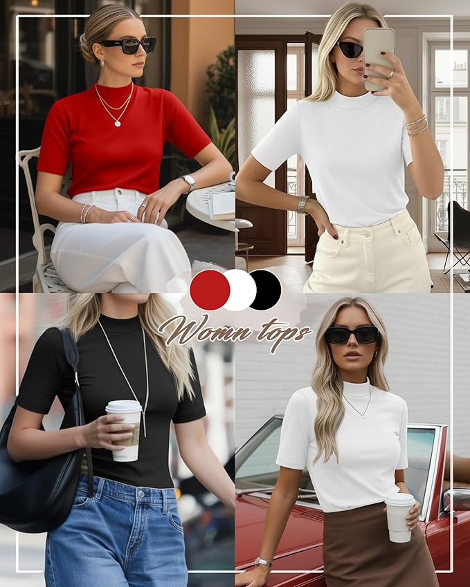 Ficerd 3 Pack Women's 1/2 Sleeve Mock Turtleneck Shirts, Elbow Length Shirt Half Sleeve Tunic Top Casual Summer Basic Tees