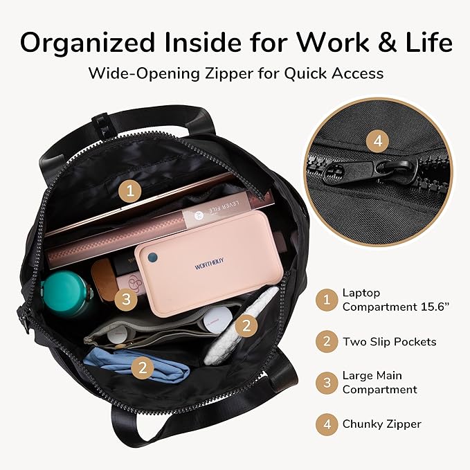 Women Work Tote, Daily Commute, Office Tote, with Laptop Sleeve, Zipper Closure, with Silver Foil Pocket, Easy Access Multiple Pockets, Large Size 22L