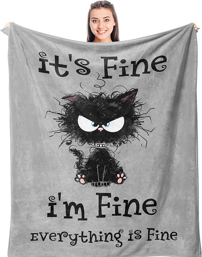 It’s Fine I’m Fine Everything is Fine, Funny Blanket Gifts for Women/Men, Cute Black Cat Themed Stuff, Soft Warm Blankets for Home/Office, Coworker Favors Throw 50" x 60"