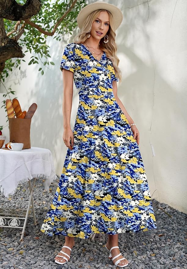 AUSELILY Maxi Dresses for Women Ankle Length Floral Print Beach Long Flowy Dress with Pockets