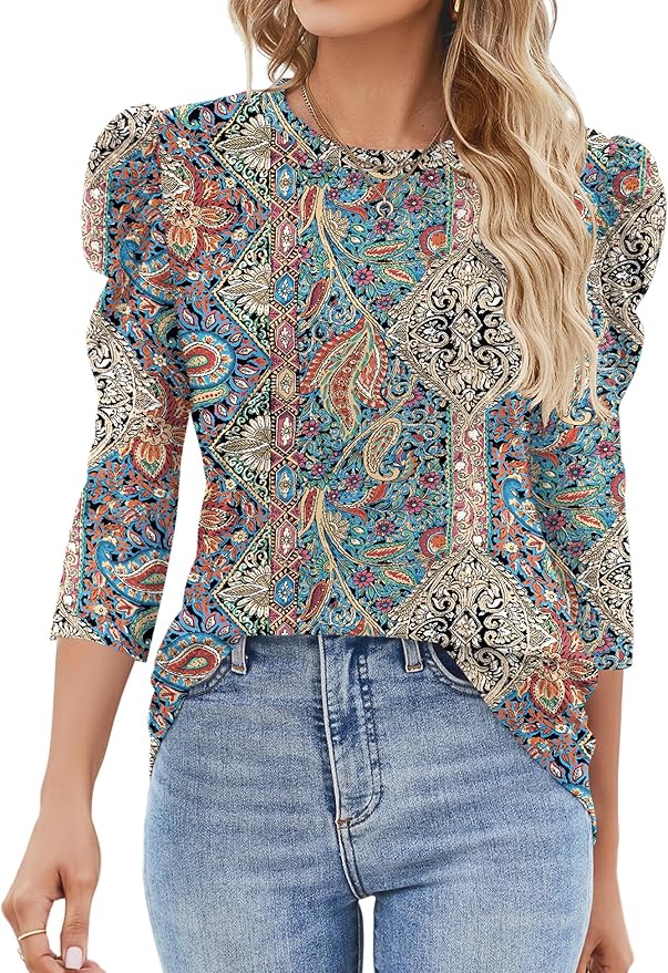 Ivicoer 3/4 Length Sleeve Womens Tops Summer Spring Tops for Women 2025 Puff Lace Sleeve Shirts Blouses