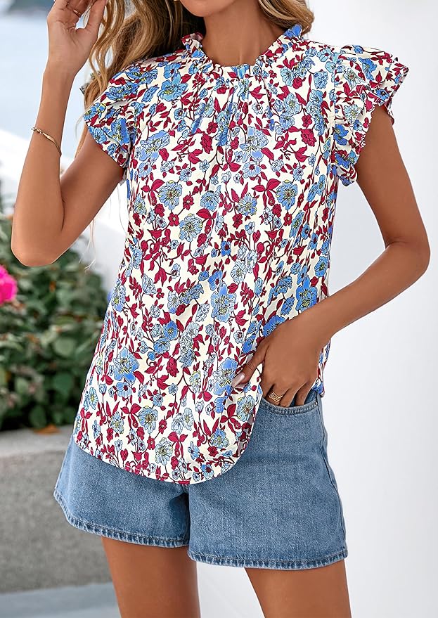 PRETTYGARDEN Women's Ruffle Short Sleeve Summer Tops 2026 Trendy Floral Trim Neck Casual Dressy Chiffon Boho Blouses Shirts