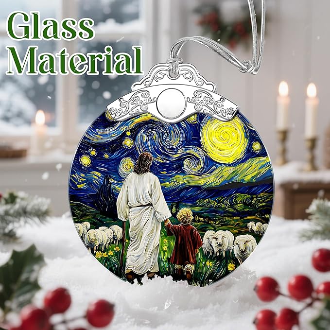 Jesus & Child Starry Night Stained Glass Ornament – Religious Christmas Ornament, Christian Christmas Decoration, Religious Gifts for Her or Him, Gifts for Christians, Friends or Loved Ones