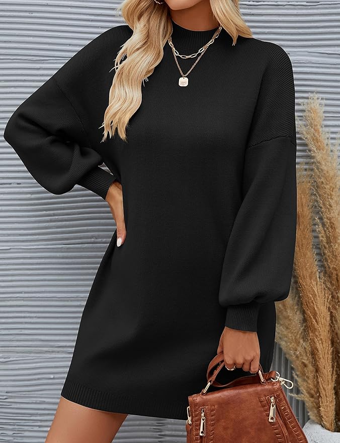 ZESICA Women's 2026 Fall Turtleneck Sweater Dress Oversized Long Lantern Sleeve Casual Knit Pullover Mini Dresses