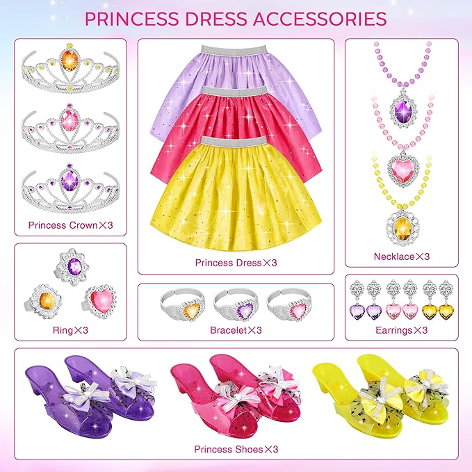 LJZJ Princess Dress Up Toys & Jewelry Boutique - Costumes Set incl Skirts, Shoes, Crowns, Accessories - Ideal Girls Role Play Gift for 3 4 5 6 Year Toddler Birthday Parties Party Favors