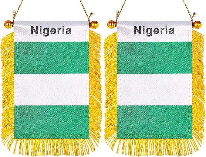 ZXvZYT 3 X 5 Inch Nigeria Window Hanging Flag Nigerian Small Mini Car Flags Banners Rearview Mirror Decoration - with Suction Cup & Golden Fringy Banner(2 Pack)